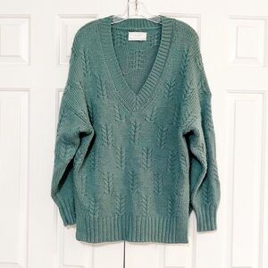 Lucky Brand Oversized Slouchy Fit Chunky Cozy Green Cable Knit V-Neck Sweater.